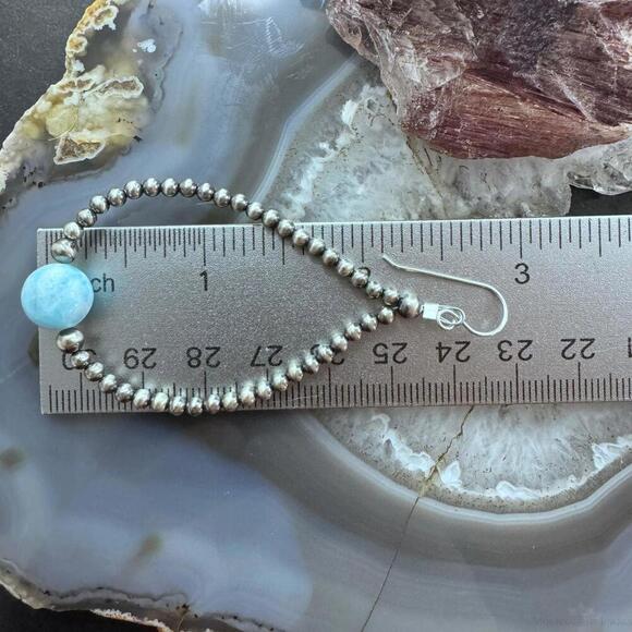 Native American Sterling Silver Navajo Beads w/Larimar Hoop Earrings For Women - Picture 10 of 10
